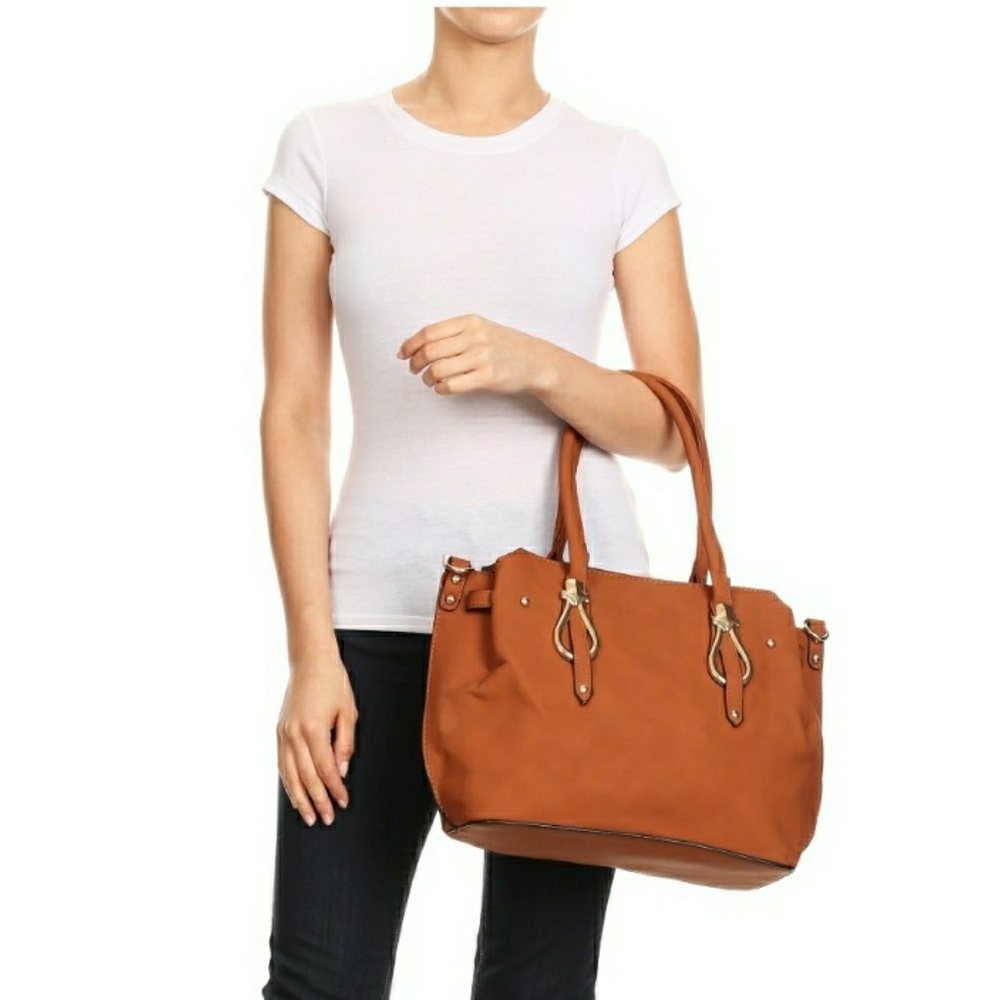 NWT - CHIC BLACK LEATHER DOUBLE HANDLE SHLDR BAG**Priced to Sell** - Picture 7 of 8